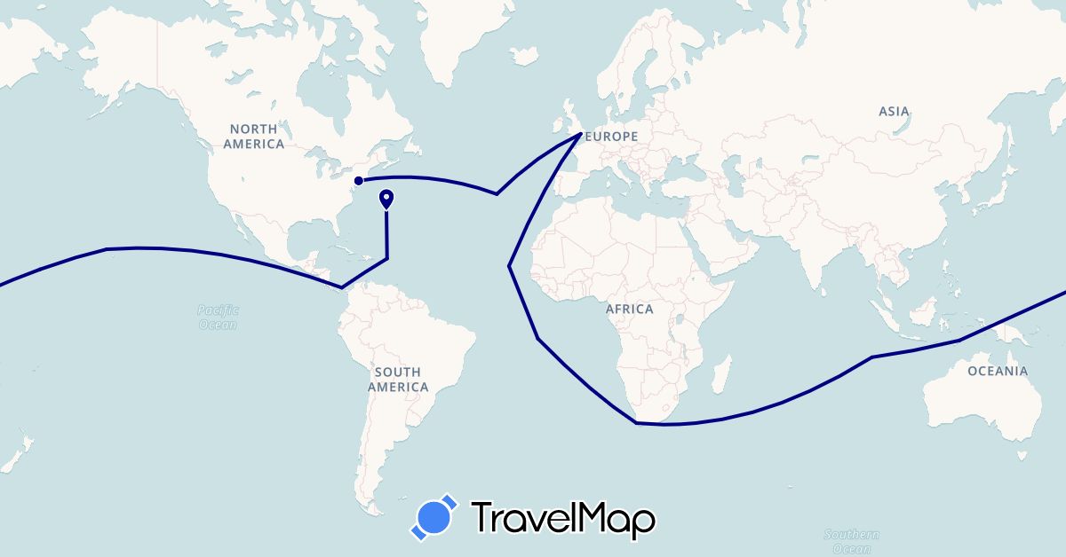 TravelMap itinerary: driving in Bermuda, Cape Verde, United Kingdom, Panama, Portugal, Saint Helena, East Timor, United States, British Virgin Islands, South Africa (Africa, Asia, Europe, North America)